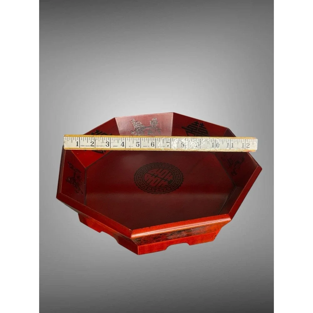 Vintage Korean Red Octagon Wooden Stack Serving Platter Trays Bowl Set Of‎ 2